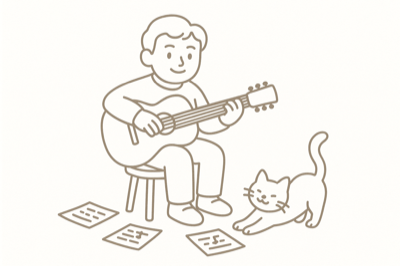 A guitarist with a cat